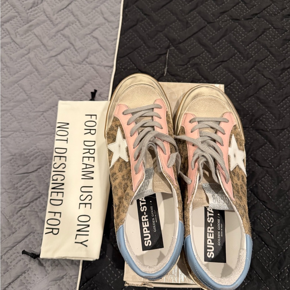 Golden Goose Superstar leopard sneakers with pink/blue/silver trim